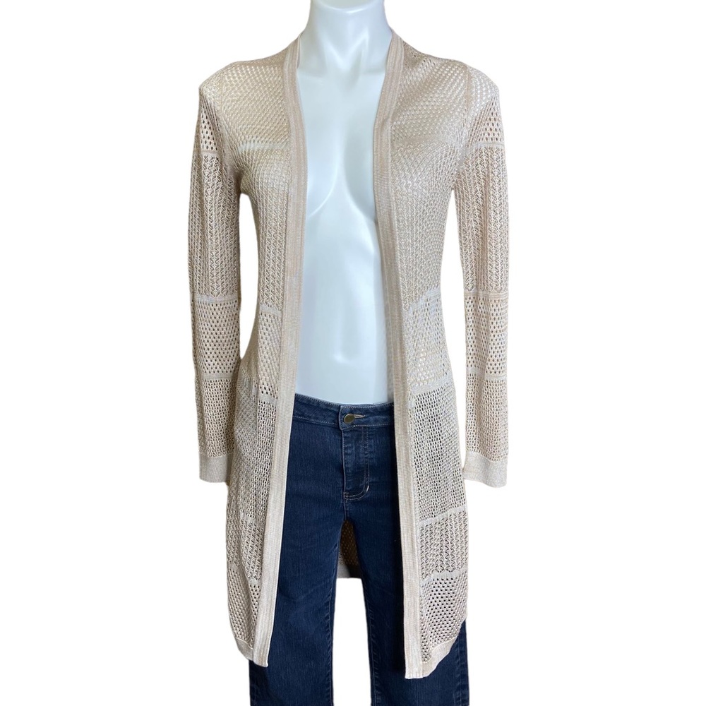 WHITE HOUSE BLACK MARKET Cardigan Sweater Long Open Weave Tan Size XS
